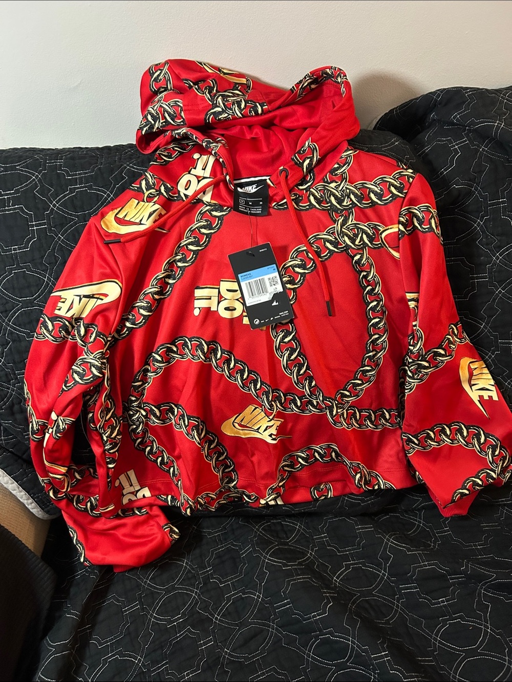 Nike Red Hoodie with Gold Chain Graphic
